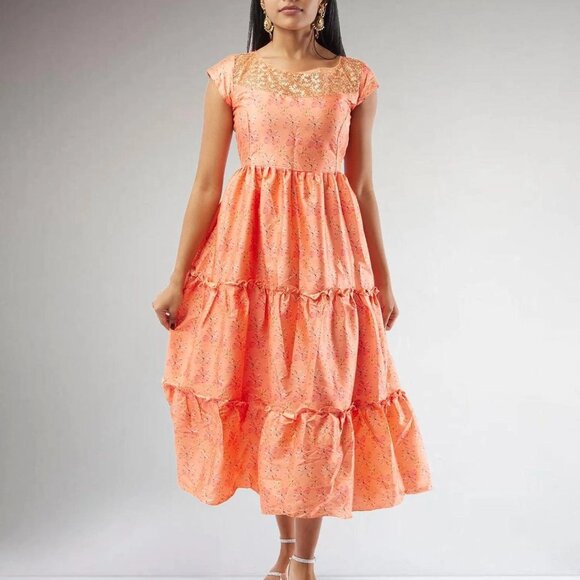 Orange Printed Silk Knee-Length Tiered Dress | Muvvas Boutique - Picture 4 of 5